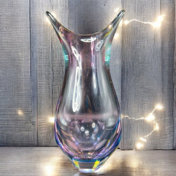 Venetian Murano Art Glass Vase Faceted Bottom Sommerso Heavy Hand Blown Glass - Picture 2 of 16